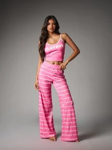 Missguided x Playboy Logo Scoop Neck Crop Cami And Flared Wide Leg Pants Co-Ord Set With AOP Bunny Print - Multicolor - View 1