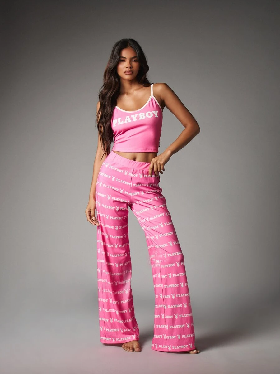 Missguided x Playboy Logo Scoop Neck Crop Cami And Flared Wide Leg Pants Co-Ord Set With AOP Bunny Print - Multicolor - View 1