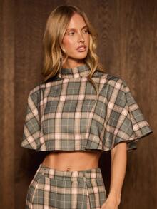 AiiRZ Plaid Crop Top Mock Neck Boxy Short Sleeve Woven Blouse Fall Winter Oversized Midriff Chic Style Top - Multicolor - View 4