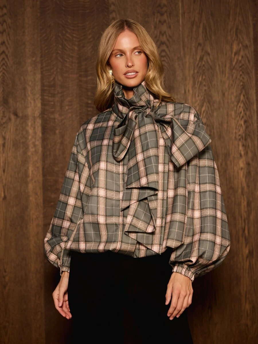 AiiRZ Plaid Pussybow Blouse With Oversized Balloon Sleeves And Ruffle Tie Neck Detail Autumn Winter Occasion Top - Multicolor - View 1