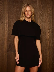 AiiRZ Cape Overlay Mini Dress With Crew Neck Boxy Short Sleeves Bodycon Silhouette Party Evening Little Black Dress - Black - View 1