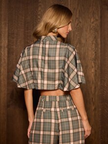 AiiRZ Plaid Crop Top Mock Neck Boxy Short Sleeve Woven Blouse Fall Winter Oversized Midriff Chic Style Top - Multicolor - View 5