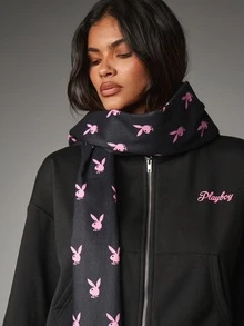 Missguided x Playboy Bunny Logo Printed Fringe Scarf Wrap All Over Print Winter Accessory Holiday Gift Idea Cozy Neck Wrap - Black and pink - View 4