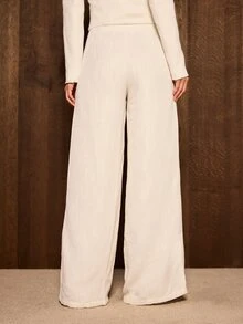 AiiRZ Celana Panjang Model Lebar dengan Pinggang Tinggi, Saku Tempel, Tekstur Rajutan Boucle, Celana Panjang Elegan untuk Musim Semi dan Musim Panas - Putih - View 4