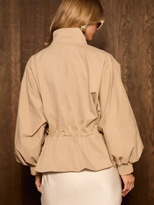 AiiRZ Oversized High Stand Collar Blouse With Bishop Sleeves Pleated Front And Drawstring Tie Hem Detail - Khaki - View 5