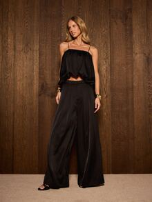 AiiRZ Satin Ruched Scoop Neck Crop Cami Top And Palazzo Wide Leg Trouser Co-Ord Set Evening Party Occasion Two-Piece Outfit - Black - View 1