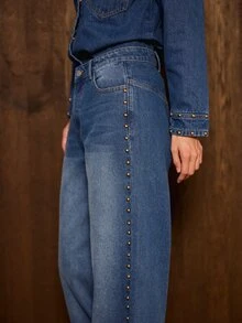 AiiRZ Celana Jeans Lebar Pinggang Tinggi dengan Detail Kancing Perunggu di Jahitan Samping, Denim Warna Medium Wash, Panjang Penuh Model Mengembang, Gaya Musim Gugur dan Musim Dingin - Biru - View 2
