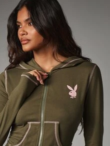 Missguided x Playboy Hoodie Crop Resleting Logo Kelinci dengan Jahitan Kontras, Lengan Panjang, Jaket Kasual Pas Badan, Pakaian Jalanan Musim Gugur dan Musim Dingin - Coklat - View 2