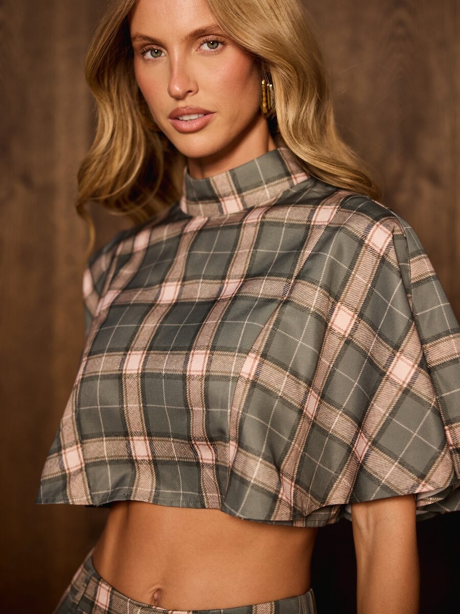 AiiRZ Plaid Crop Top Mock Neck Boxy Short Sleeve Woven Blouse Fall Winter Oversized Midriff Chic Style Top - Multicolor - View 1