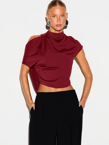 KIZN Satin Open Back Crop Top With Mock Neck Cold Shoulder Cut Out And Draped Back Detail Perfect For Party Night Out Holiday Season - Burgundy - View 2