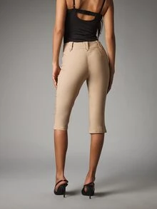 MISSGUIDED Cropped Capri Chino Pants With Button Waist Detail Side Split Hem Fitted Skinny Leg Mid Rise Summer Holiday Trousers - Khaki - View 3