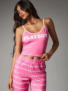 Missguided x Playboy Logo Scoop Neck Crop Cami And Flared Wide Leg Pants Co-Ord Set With AOP Bunny Print - Multicolor - View 2