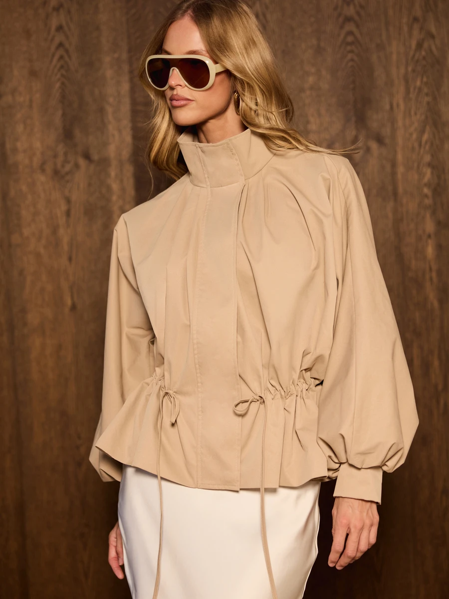 AiiRZ Oversized High Stand Collar Blouse With Bishop Sleeves Pleated Front And Drawstring Tie Hem Detail - Khaki - View 1