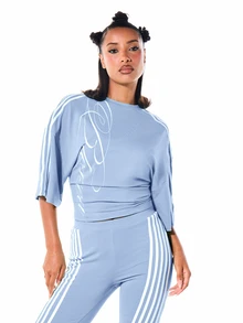 SUMWON WOMEN Oversized Crop Tee With Three-Stripe Detail And Script Logo Print Boxy Fit Round Neck Half Sleeve Casual Top - Baby Blue - View 5
