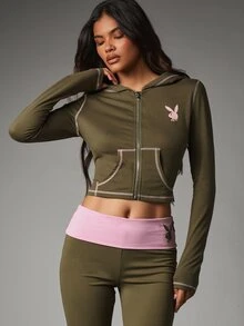 Missguided x Playboy Hoodie Crop Resleting Logo Kelinci dengan Jahitan Kontras, Lengan Panjang, Jaket Kasual Pas Badan, Pakaian Jalanan Musim Gugur dan Musim Dingin - Coklat - View 5