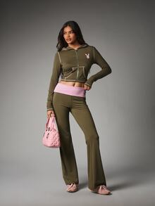 Missguided x Playboy Hoodie Crop Resleting Logo Kelinci dengan Jahitan Kontras, Lengan Panjang, Jaket Kasual Pas Badan, Pakaian Jalanan Musim Gugur dan Musim Dingin - Coklat - View 4