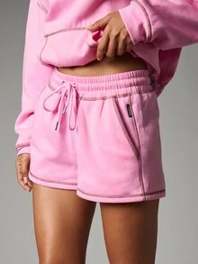 Missguided x Playboy Logo Fleece Sweat Shorts With Contrast Stitching Drawstring Elastic Waist Side Pockets Mini Length Summer Festival - Pink - View 1