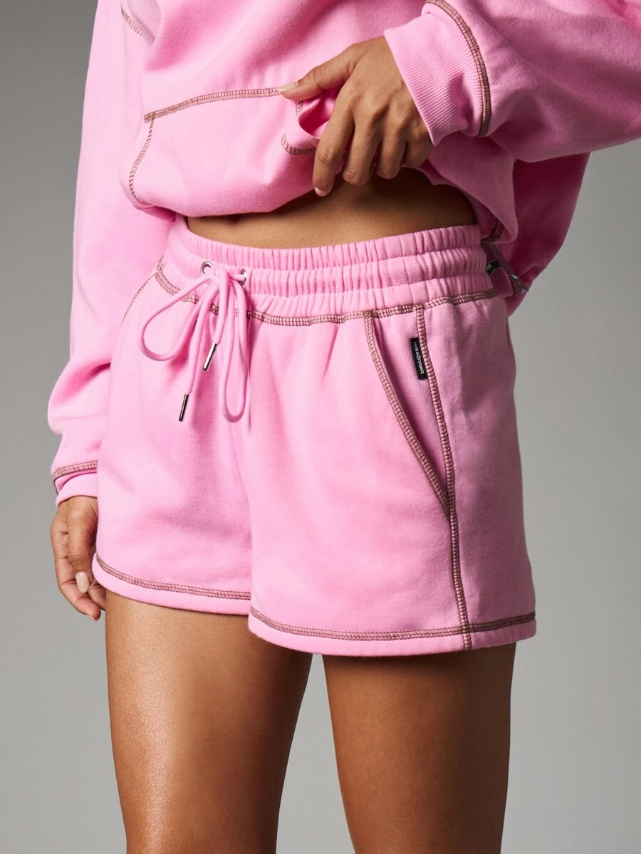 Missguided x Playboy Logo Fleece Sweat Shorts With Contrast Stitching Drawstring Elastic Waist Side Pockets Mini Length Summer Festival - Pink - View 1