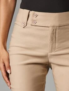 MISSGUIDED Cropped Capri Chino Pants With Button Waist Detail Side Split Hem Fitted Skinny Leg Mid Rise Summer Holiday Trousers - Khaki - View 4