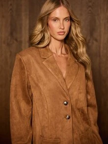 AiiRZ Faux Suede Oversized Blazer Jacket With Notch Lapel Button Closure And Patch Pockets Autumn Winter Outerwear - Brown - View 2