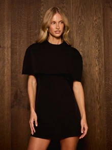 AiiRZ Cape Overlay Mini Dress With Crew Neck Boxy Short Sleeves Bodycon Silhouette Party Evening Little Black Dress - Black - View 4