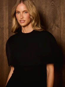 AiiRZ Cape Overlay Mini Dress With Crew Neck Boxy Short Sleeves Bodycon Silhouette Party Evening Little Black Dress - Black - View 2