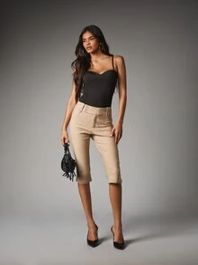 MISSGUIDED Cropped Capri Chino Pants With Button Waist Detail Side Split Hem Fitted Skinny Leg Mid Rise Summer Holiday Trousers - Khaki - View 2