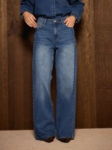 AiiRZ Celana Jeans Lebar Pinggang Tinggi dengan Detail Kancing Perunggu di Jahitan Samping, Denim Warna Medium Wash, Panjang Penuh Model Mengembang, Gaya Musim Gugur dan Musim Dingin - Biru - View 6