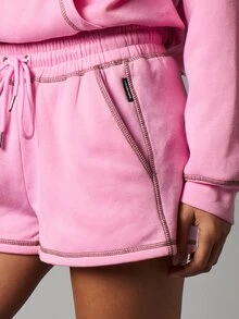 Missguided x Playboy Logo Fleece Sweat Shorts With Contrast Stitching Drawstring Elastic Waist Side Pockets Mini Length Summer Festival - Pink - View 4