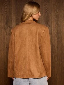 AiiRZ Faux Suede Oversized Blazer Jacket With Notch Lapel Button Closure And Patch Pockets Autumn Winter Outerwear - Brown - View 5