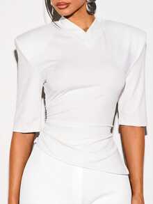 KIZN V-Neck Padded Shoulder Ruched Wrap Top With Elbow Sleeves And Asymmetric Hem For Spring Party Night Out - White - View 3
