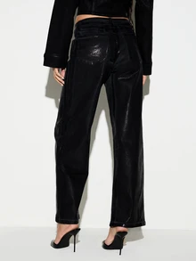 KIZN Black Metallic Shimmer Wide Leg Jeans Low Rise Full Length Velvet Coated Denim Party Night Out Holiday Season - Blue - View 2
