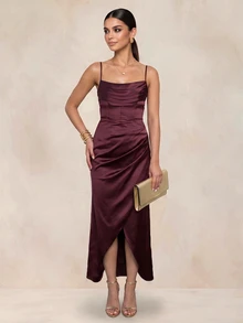 QUIZ Burgundy Satin Cowl Neck Corset Midaxi Dress With Ruched Wrap Skirt And Front Split, Elegant Long Dress, Wedding Guest Dress Women, Prom Dress, Party Dress, Summer Dresses For Women, Vacation Outfits Women, Weekend Out Dress - Red - View 8
