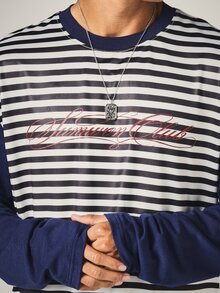 SUMWON Oversized Striped Long Sleeve Tee With Navy Contrast Sleeves And Chest Script Logo Print Crew Neck Casual Top - Blue and White - View 5