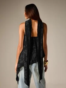 AiiRZ Strapless Halter Neck Jacquard Top With Asymmetric Handkerchief Hem And Open Back Scarf Detail - Black - View 2