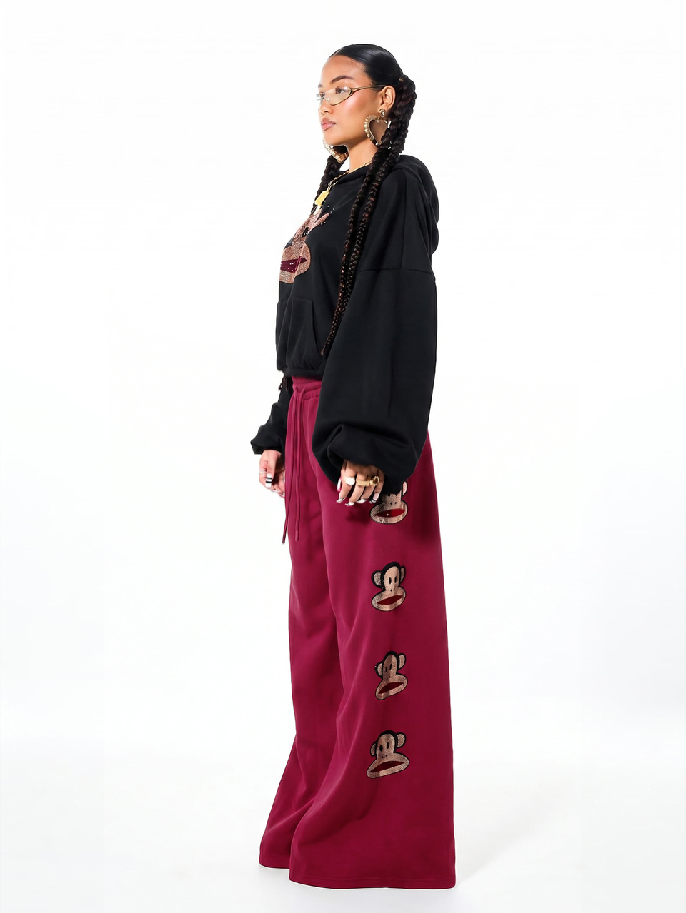 SUMWON Wide Leg Sweatpants With Rhinestone Monkey Patches
