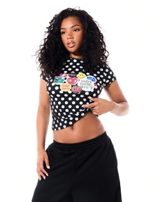 SUMWON Crop Top Bayi Motif Polkadot dengan Kancing Lencana Warna-warni Bergambar Grafis Lengan Pendek Pas Badan Gaya Y2K untuk Festival Musim Panas - Hitam - View 1