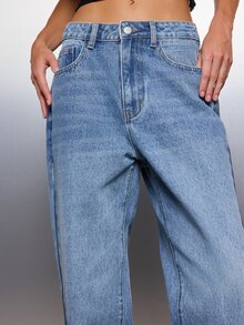MISSGUIDED 淺色水洗直筒寬鬆牛仔褲 中腰 全長 寬鬆版型 牛仔長褲 春夏休閒日常風格 - 藍色 - 查看 3