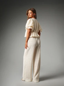 MISSGUIDED Textured Ruffle Blouse And Wide Leg Pants Co-Ord Set V-Neck Puff Sleeve Crop Top Summer Holiday Two-Piece Outfit - Apricot - View 3