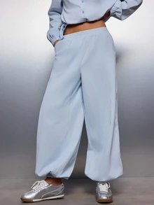 MISSGUIDED Oversized High Neck Button-Up Shirt And Wide Leg Elastic Ankle Co-Ord Set With Ruched Waist Peplum Detail - Baby Blue - View 4