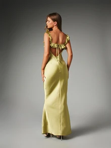 MISSGUIDED Satin Ruffle Neckline Maxi Dress Mermaid Silhouette Open Back Tie Detail Cap Sleeve Formal Evening Gown Bridesmaid Wedding Guest - Olive Green - View 3