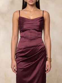QUIZ Burgundy Satin Cowl Neck Corset Midaxi Dress With Ruched Wrap Skirt And Front Split, Elegant Long Dress, Wedding Guest Dress Women, Prom Dress, Party Dress, Summer Dresses For Women, Vacation Outfits Women, Weekend Out Dress - Red - View 4