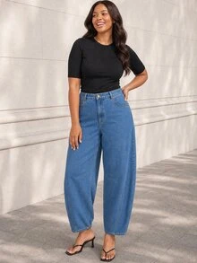 ELLERISSA Plus Size Medium Wash High Waist Slim Barrel Leg Jeans - Medium Wash - View 6