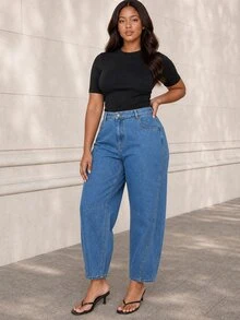 ELLERISSA Plus Size Medium Wash High Waist Slim Barrel Leg Jeans - Medium Wash - View 4