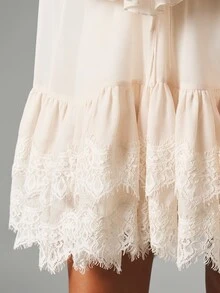 MISSGUIDED Cream Boho Mini Dress With Lace Trim Ruffle Hem Puff Sleeves Lace-Up V-Neck Tiered Skirt Summer Wedding Guest - Apricot - View 3