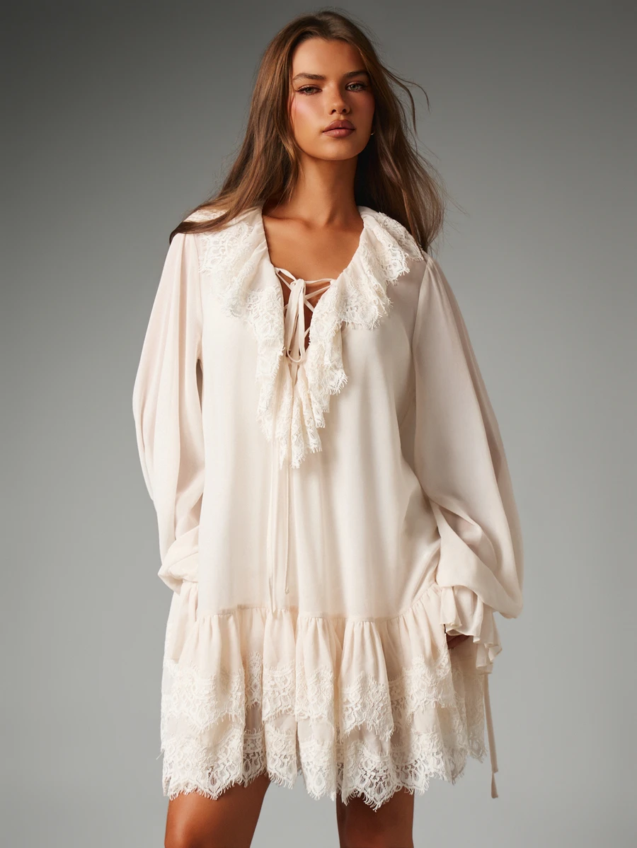 MISSGUIDED Cream Boho Mini Dress With Lace Trim Ruffle Hem Puff Sleeves Lace-Up V-Neck Tiered Skirt Summer Wedding Guest - Apricot - View 1