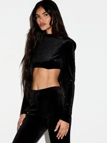 KIZN Velvet Shimmer Crop Top With Boat Neck Long Sleeves Structured Shoulders And Open Back Cut-Out Party Night Out - Black - View 5