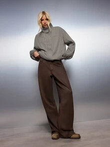 MISSGUIDED Celana Panjang Model Lebar Pinggang Tinggi Bahan Campuran Wol dengan Saku Tempel, Celana Panjang Pas Badan, Cocok untuk Musim Gugur dan Musim Dingin, Warna Cokelat Tua - Coffee Brown - View 5