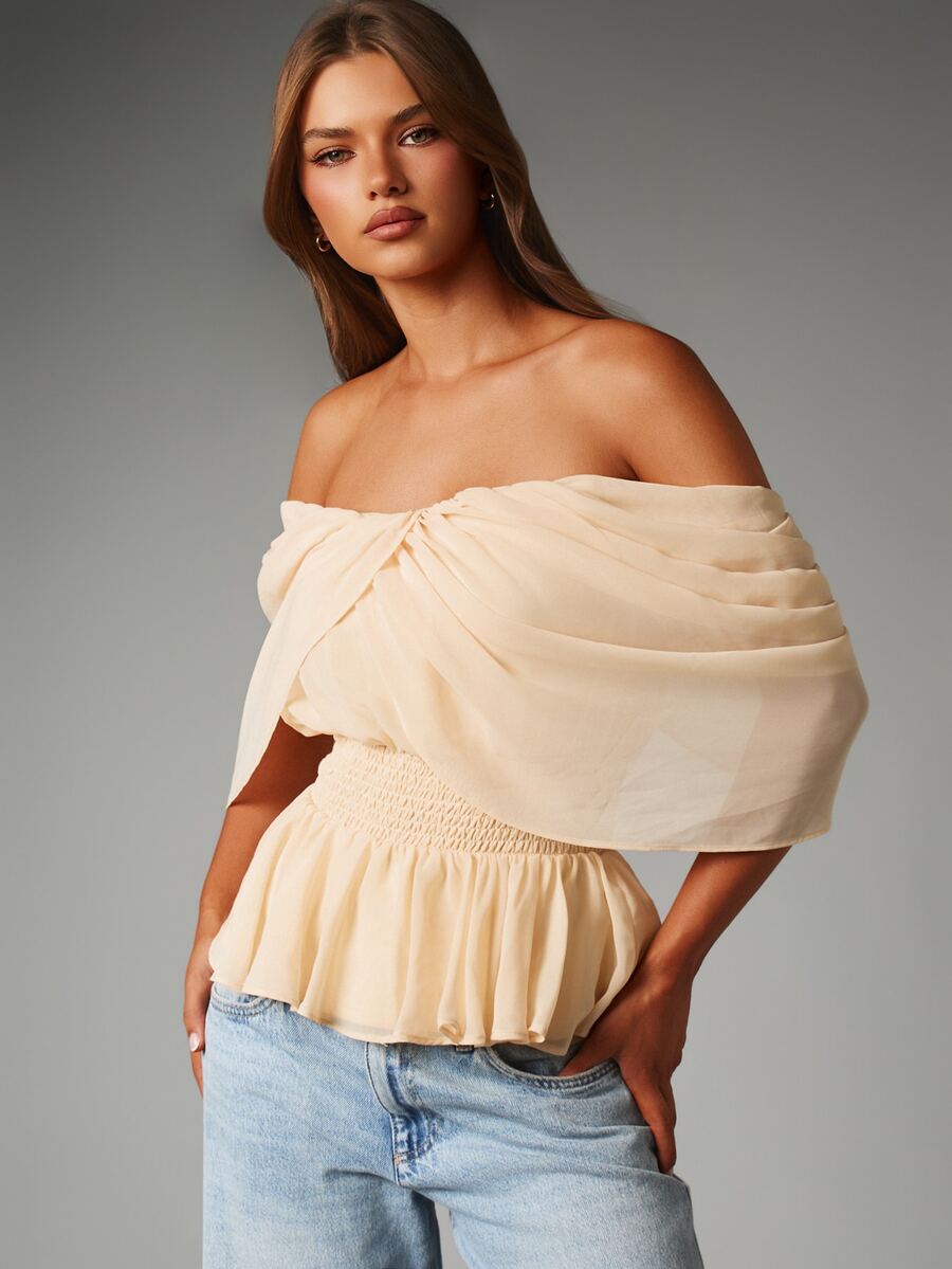 MISSGUIDED Cold Shoulder Chiffon Draped Blouse With Smocked Waist And Peplum Ruffle Hem Summer Party Top - Apricot - View 1