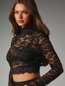 MISSGUIDED Floral Lace Crop Top With High Neck And Long Sleeves Sheer Scallop Hem Evening Party Valentine Date Night - Black - View 2